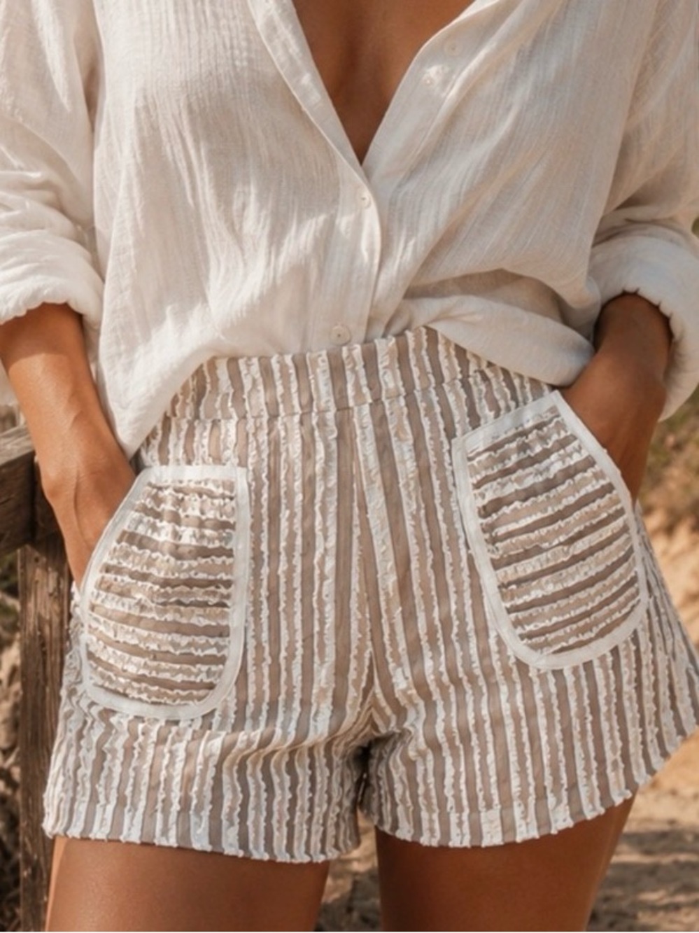 Moon River Cream and Tan Striped Shorts with Pocket Detail